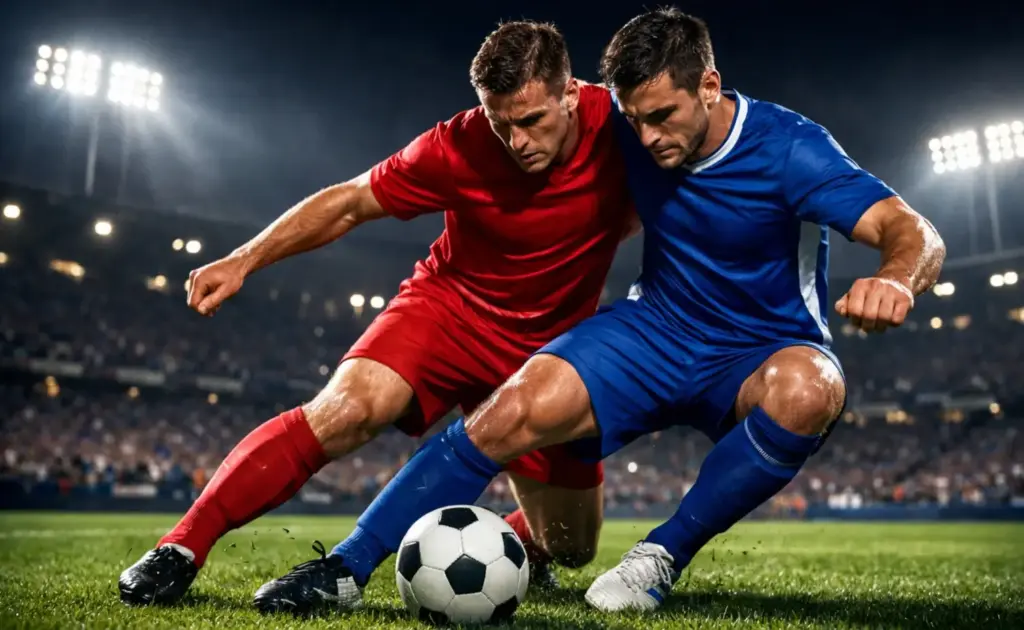 Deux équipes de football s'affrontant sur un terrain de stade éclairé en soirée, symbolisant le duel cash contre freebets