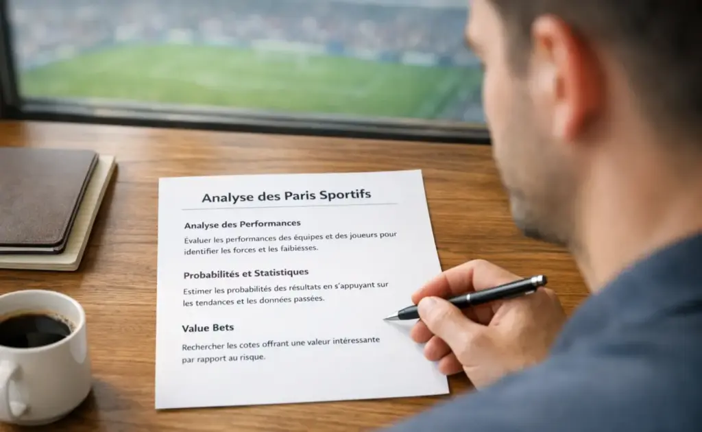 Homme concentré consultant un document de stratégie sportive dans un bureau avec vue sur un stade