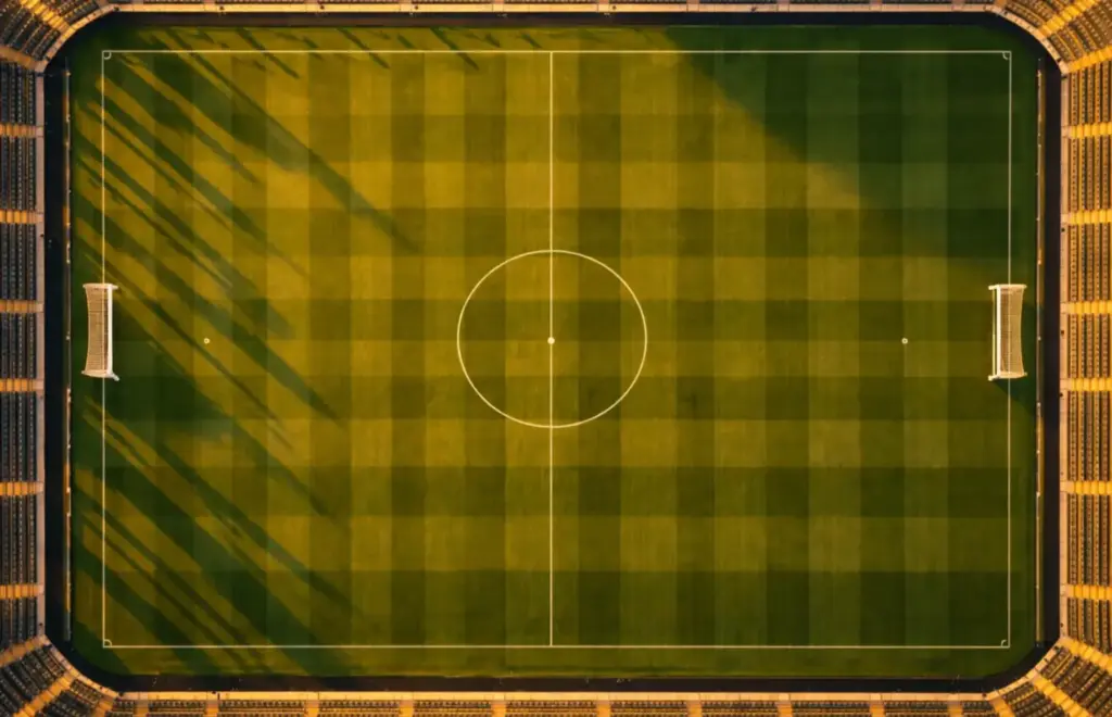 Terrain de football vu de haut avec les lignes blanches sur gazon vert sous la lumière dorée du soir