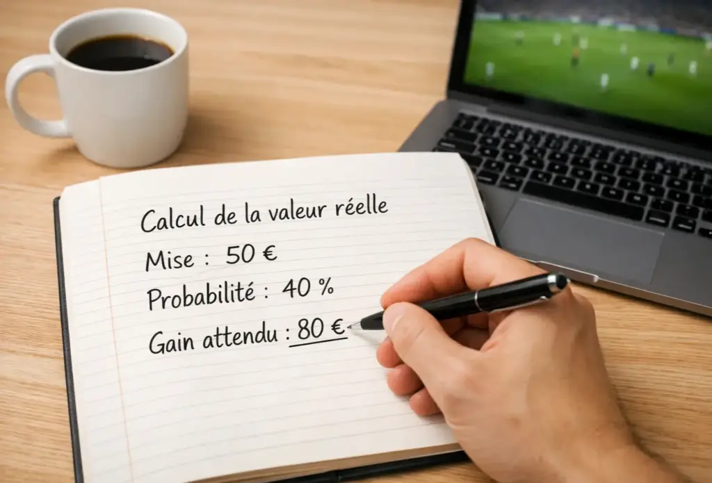 Personne analysant des chiffres sur un carnet posé à côté d'un écran montrant un match de football