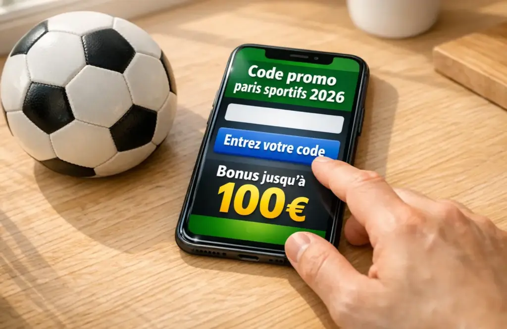 Smartphone posé sur une table montrant un écran d'inscription avec un champ code promo, à côté d'un ballon de football