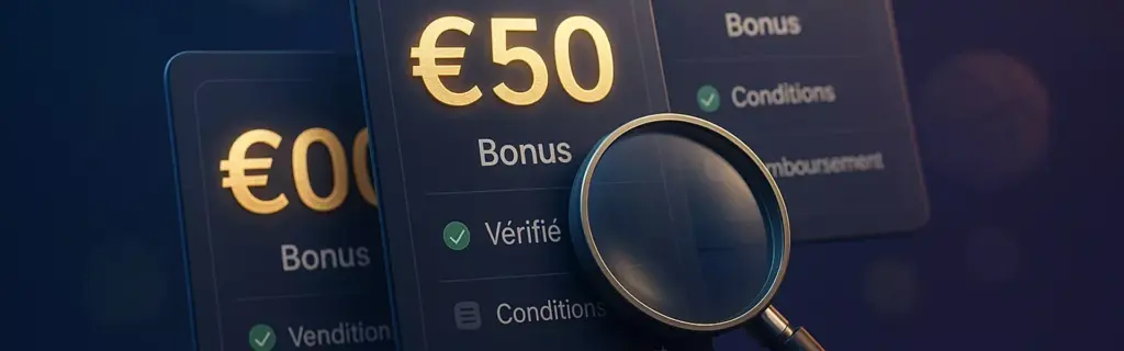 Comparateur de bonus de bookmakers avec cartes flottantes montrant différents montants et analyse détaillée