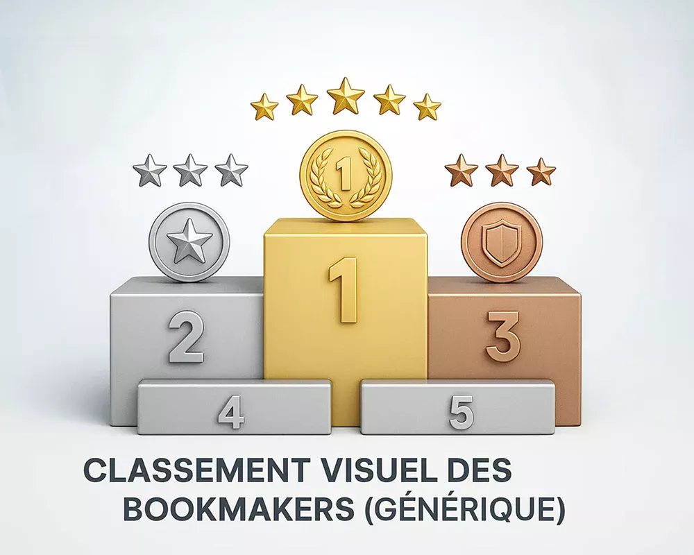 Podium des meilleurs bookmakers avec médailles d'or, argent et bronze et notation par étoiles