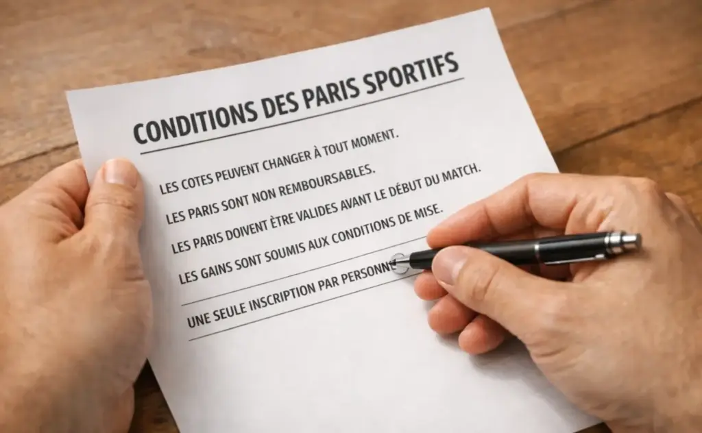 Personne lisant attentivement un document contractuel sur un bureau en bois avec un stylo à la main