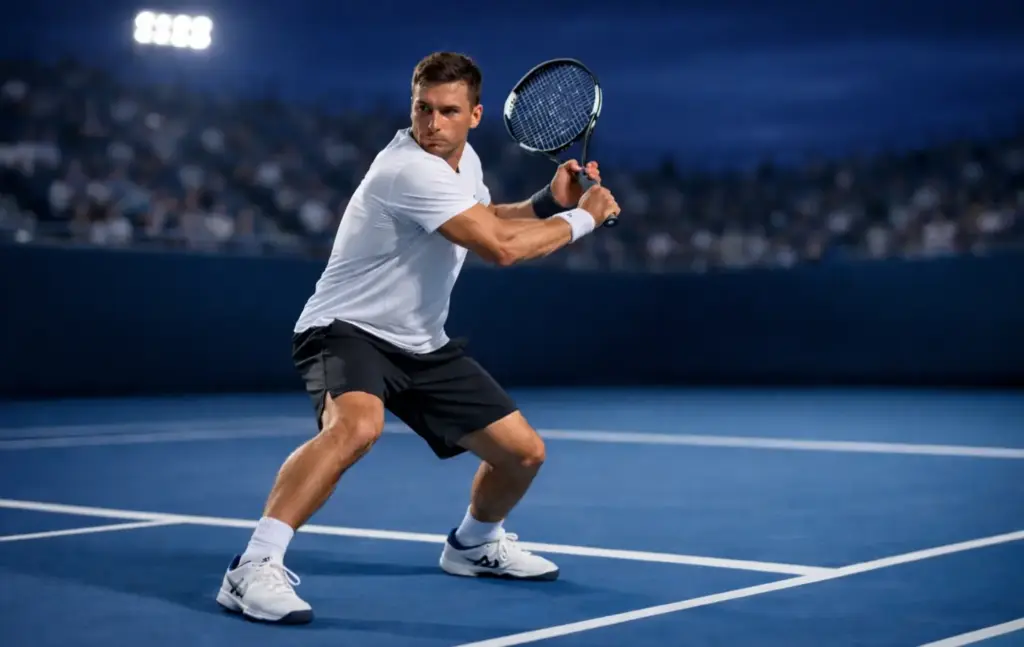 Match de tennis sur court en dur vu depuis les tribunes avec deux joueurs en action sous les projecteurs