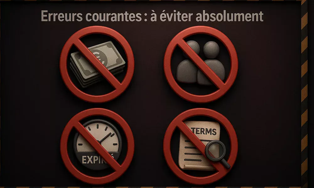 Panneaux d'avertissement illustrant les erreurs communes : cash out, multi-comptes, délais expirés et conditions ignorées