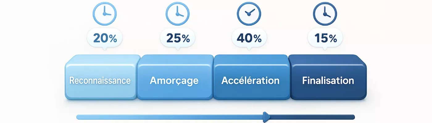 Timeline des 4 phases de gestion temporelle pour optimiser le déblocage de bonus