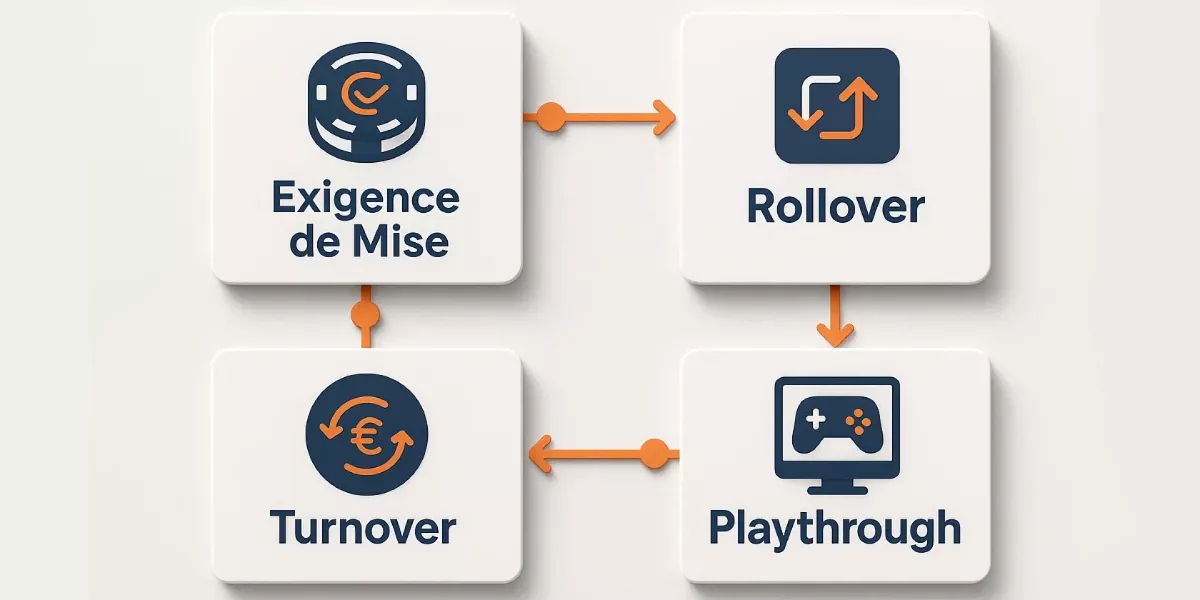 Infographie des termes techniques du rollover : wagering, turnover, playthrough expliqués