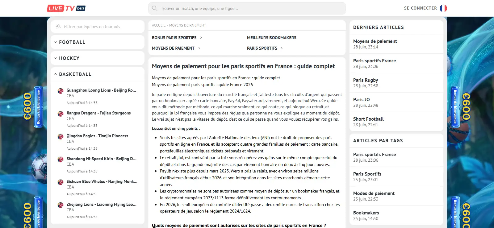 Page française présentant les catégories de paiement pour les paris sportifs