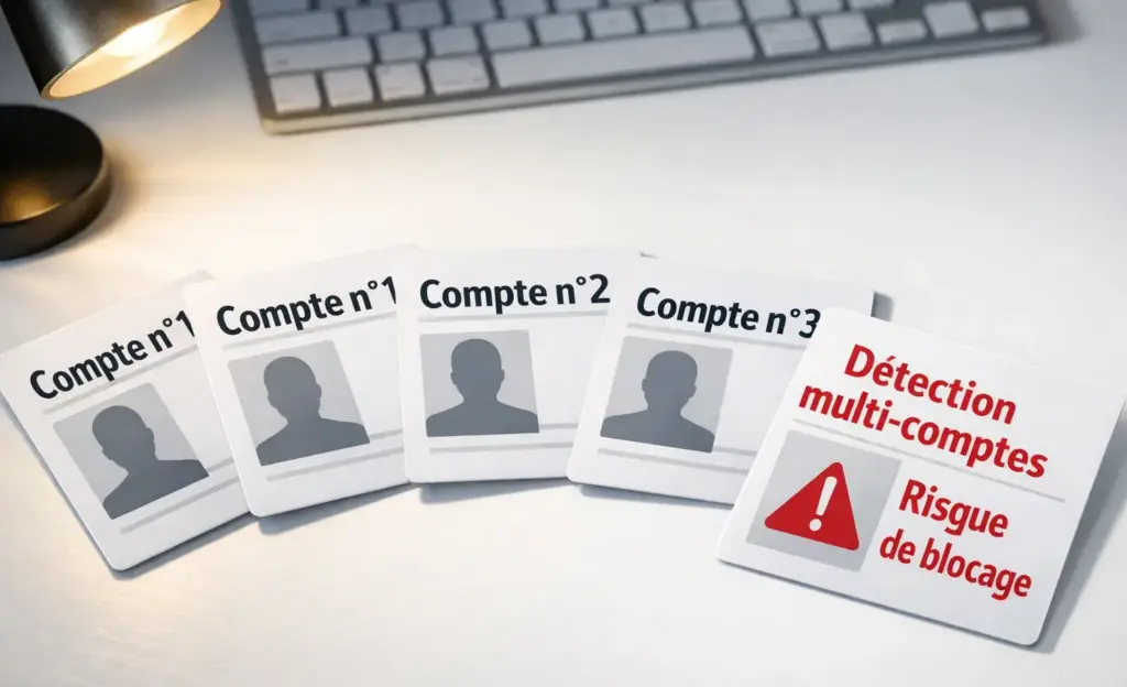 Plusieurs cartes d'identité empilées sur un bureau avec un clavier d'ordinateur en arrière-plan flou