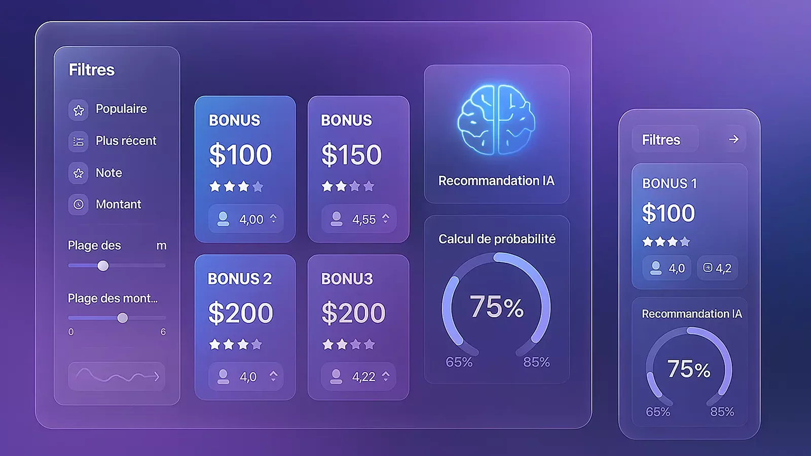 Interface futuriste de l'outil de comparaison de bonus avec recommandations IA et calculateur de probabilités