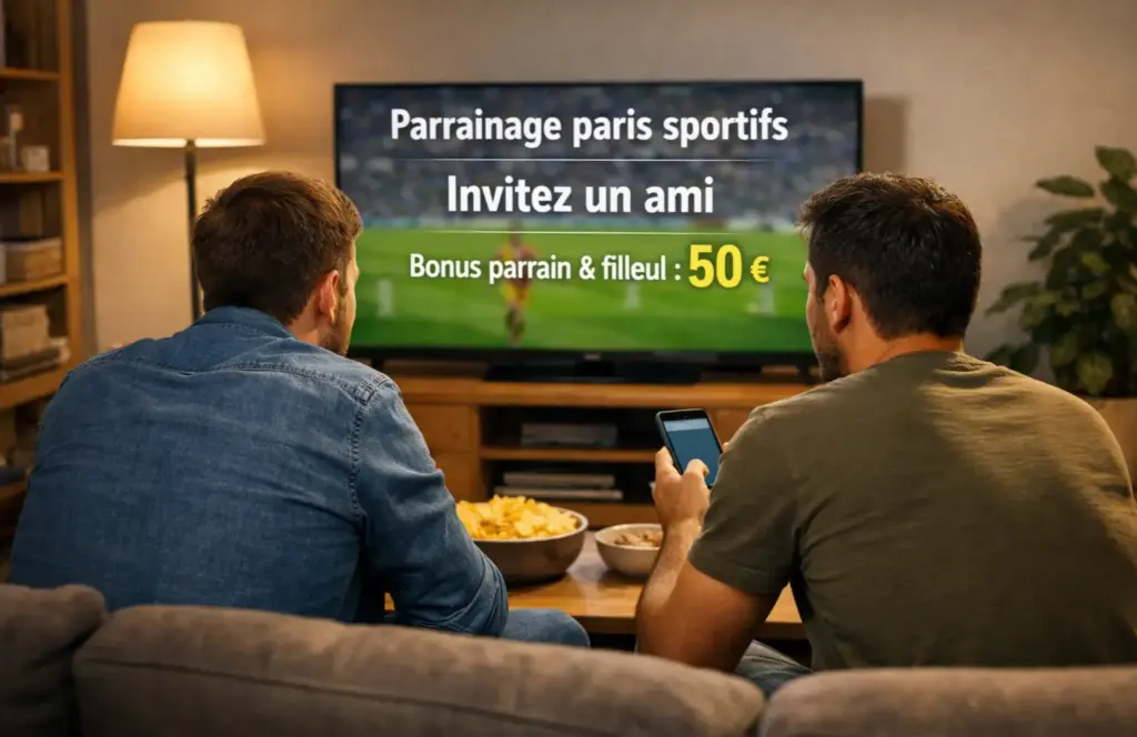 Deux amis regardant un match de football ensemble sur un écran dans un salon convivial