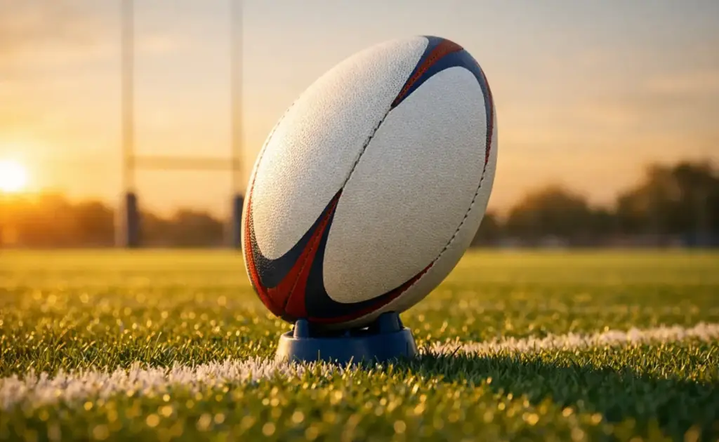 Gros plan sur un ballon de rugby posé sur une pelouse de stade avant un match en soirée