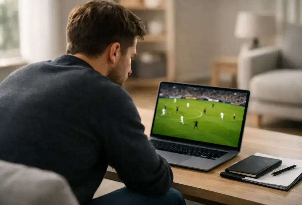 Parieur concentré devant plusieurs écrans affichant des matchs de football dans un salon moderne