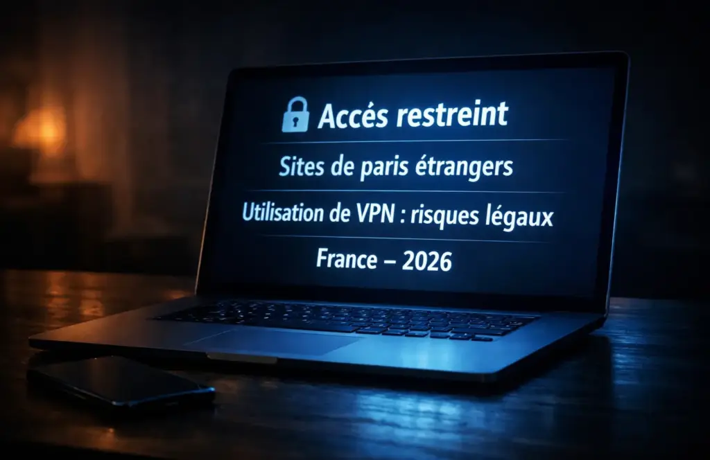 Ordinateur portable avec un écran verrouillé par un cadenas numérique dans un bureau sombre éclairé par l'écran